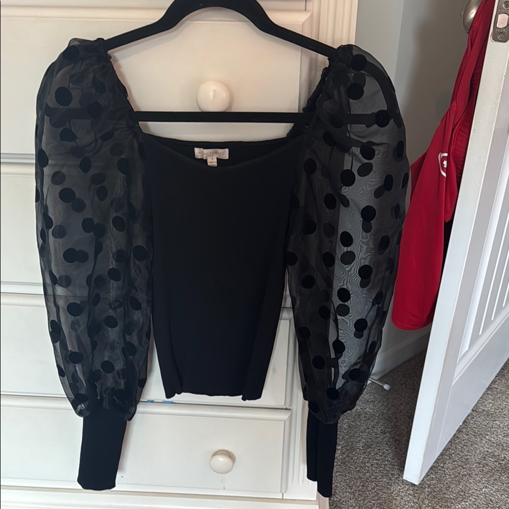Flying Tomato Black Blouse with Sheer Polka Dot Sleeves